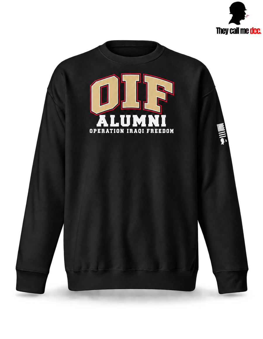 OIF Alumni crewneck in black – front varsity design view