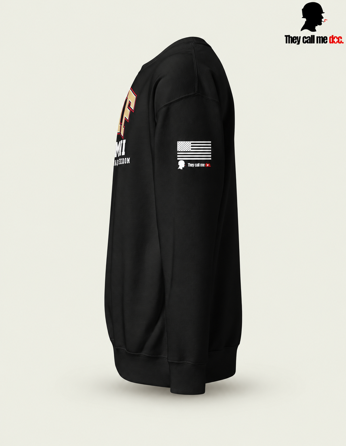 OIF Alumni crewneck in black – left sleeve flag view
