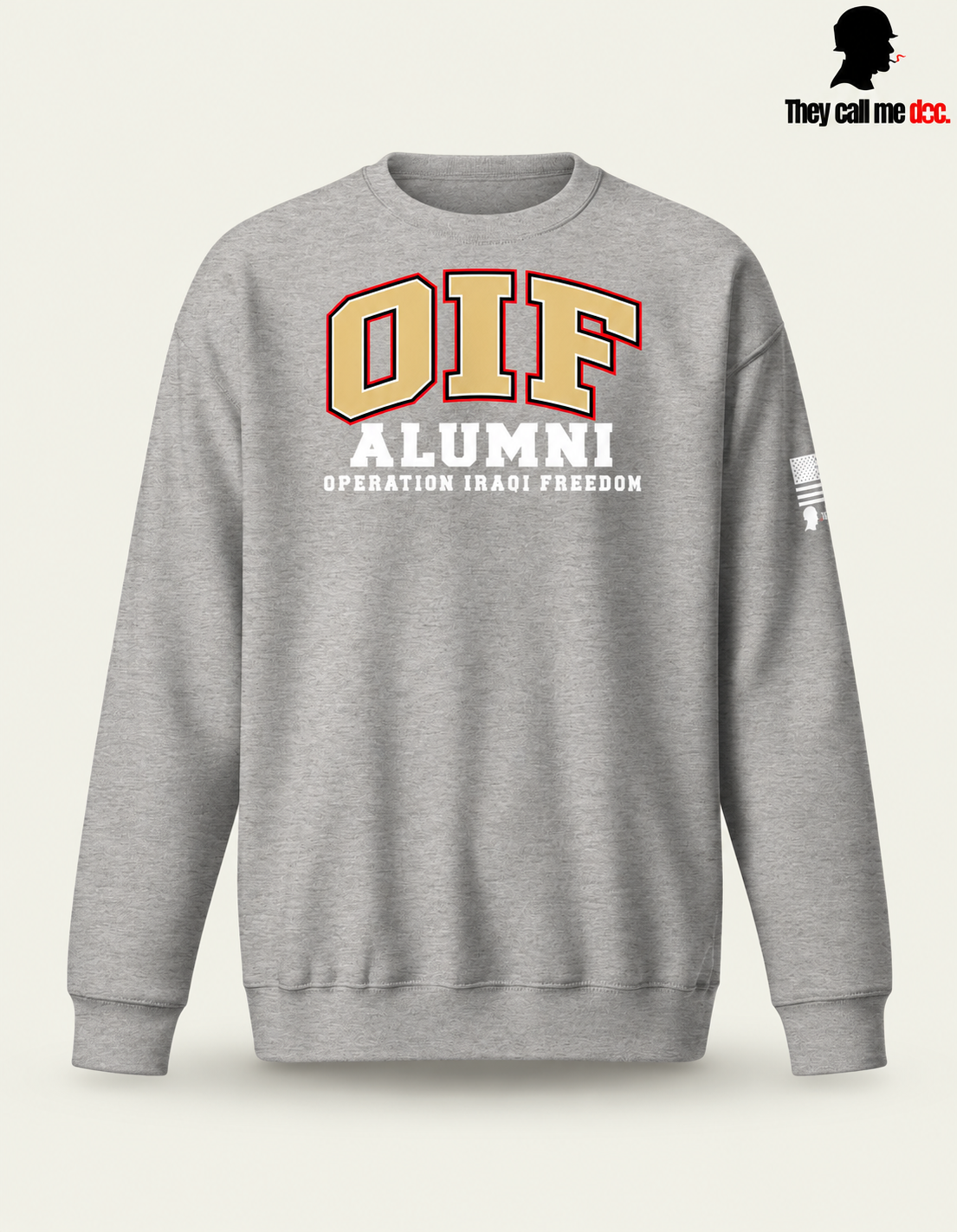 OIF Alumni crewneck in carbon grey – front varsity design view