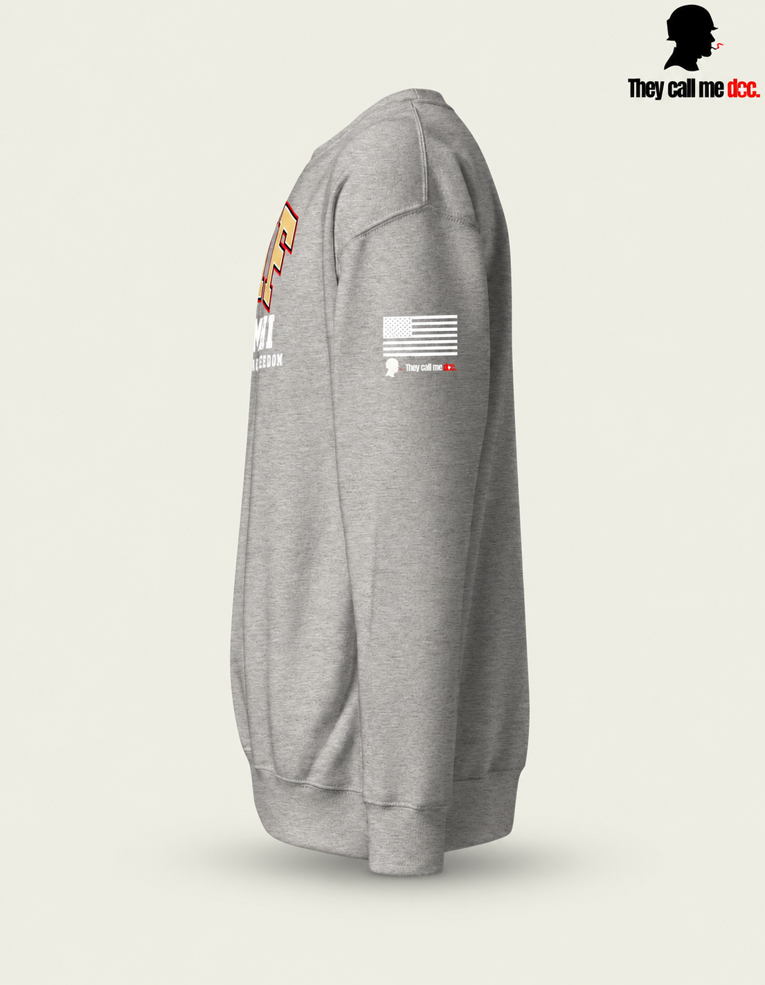 OIF Alumni crewneck in carbon grey – left sleeve flag view