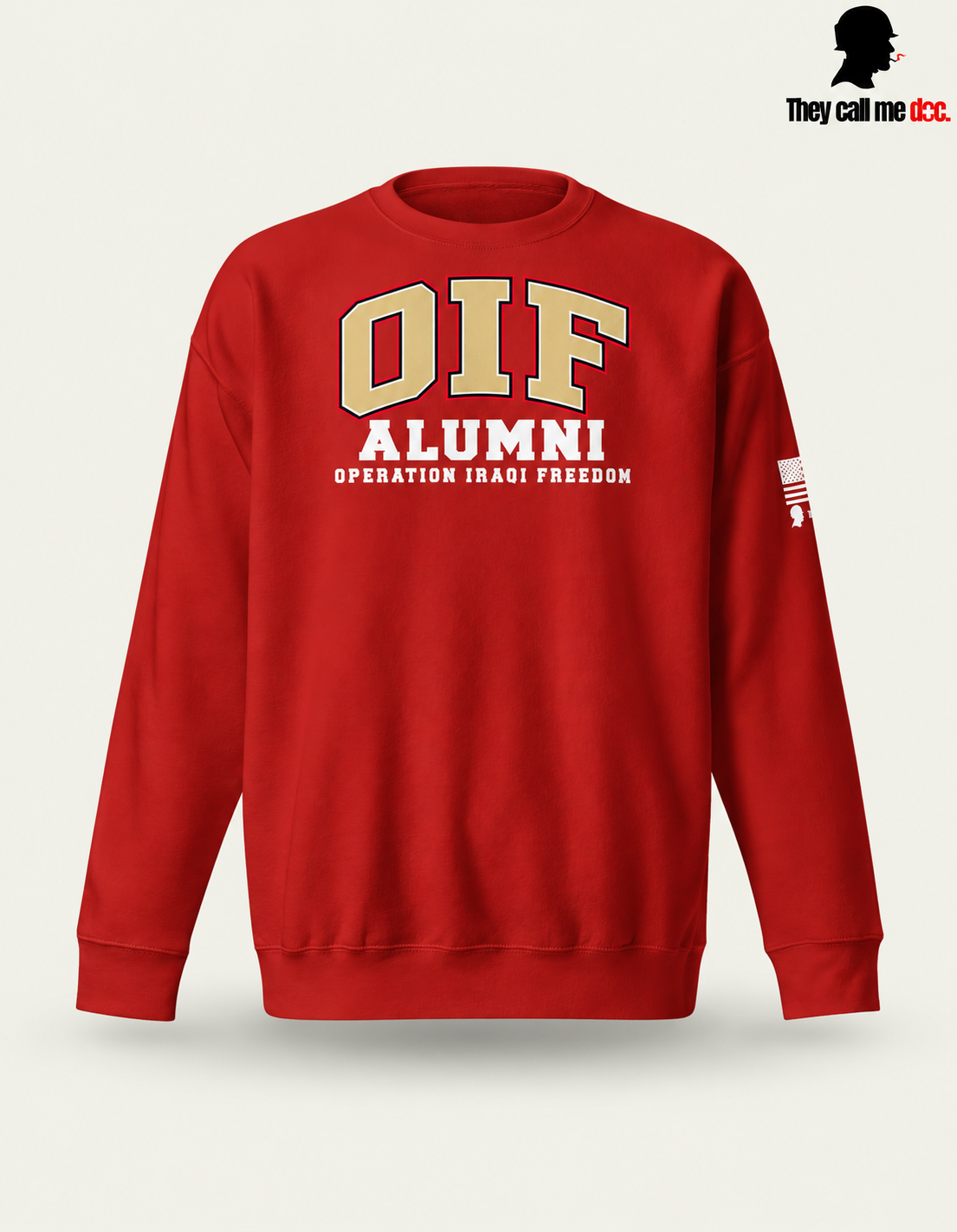 OIF Alumni crewneck in cardinal – front varsity design view