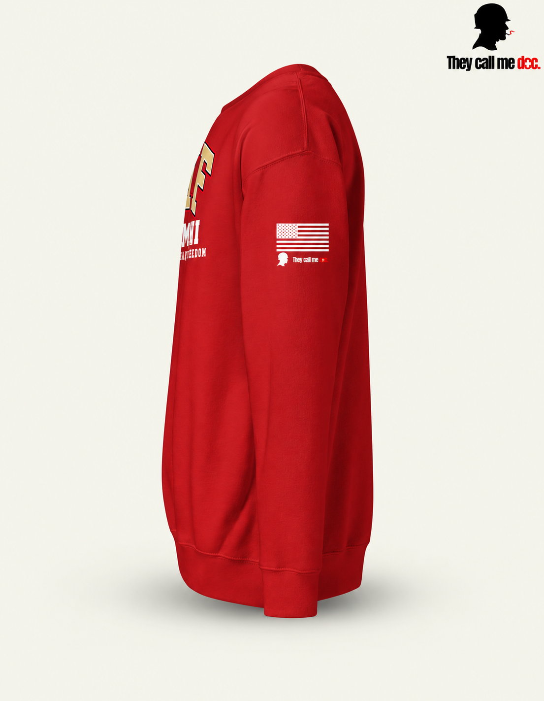 OIF Alumni crewneck in cardinal – left sleeve flag view