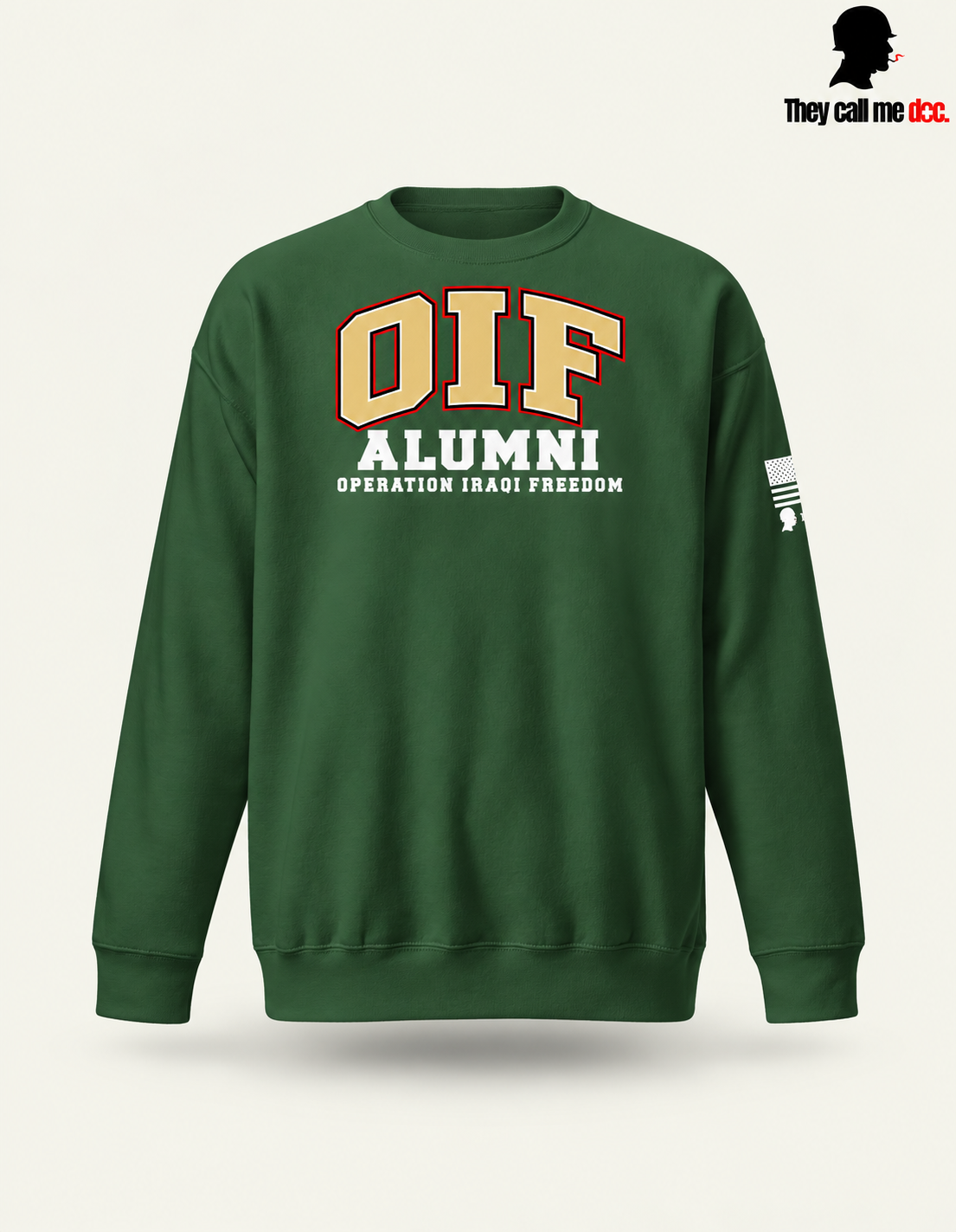 OIF Alumni crewneck in forest green – front varsity design view