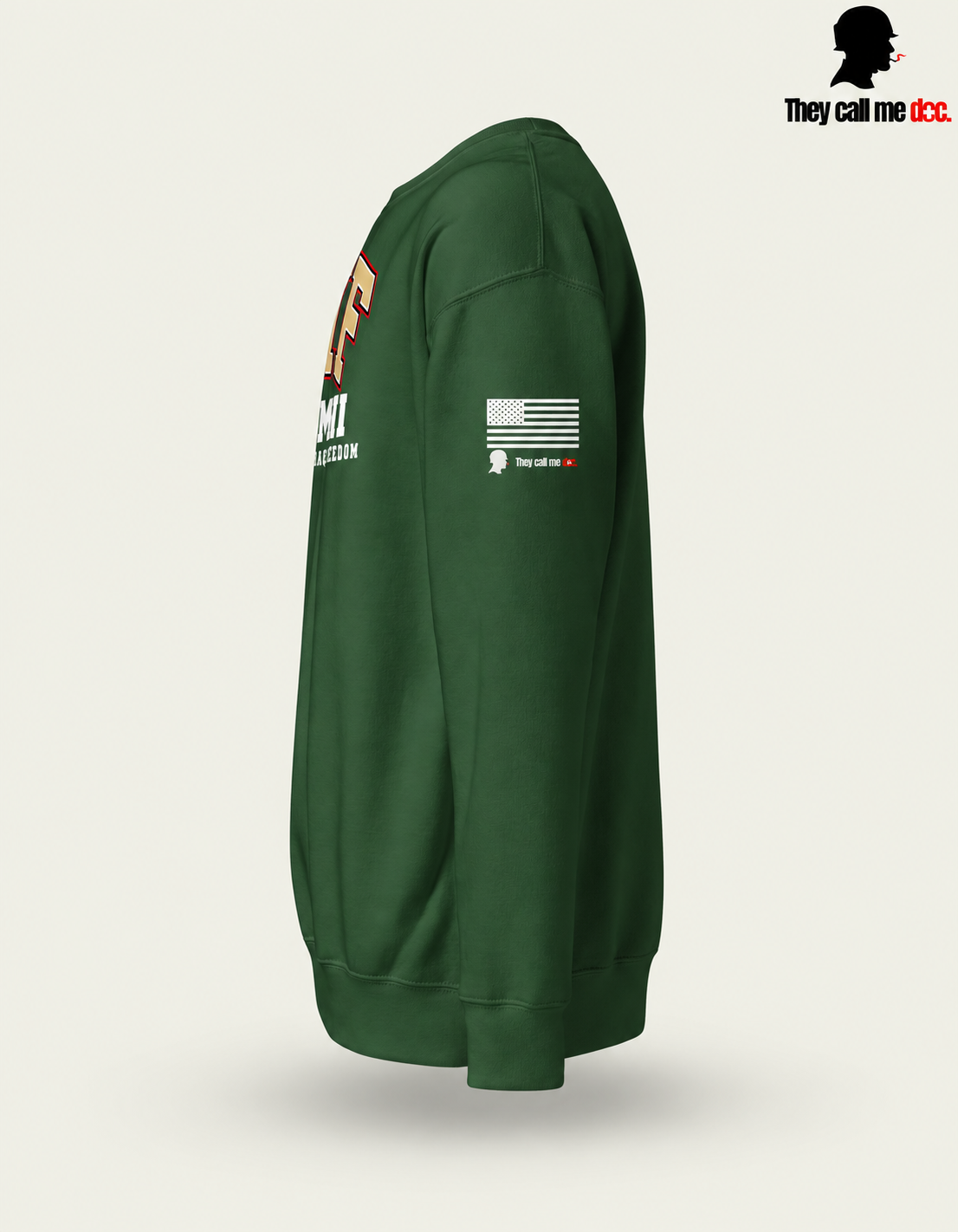 OIF Alumni crewneck in forest green – left sleeve flag view