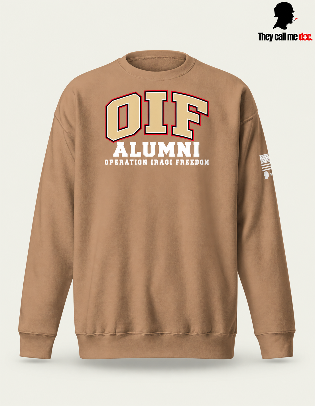 OIF Alumni crewneck in latte – front varsity design view