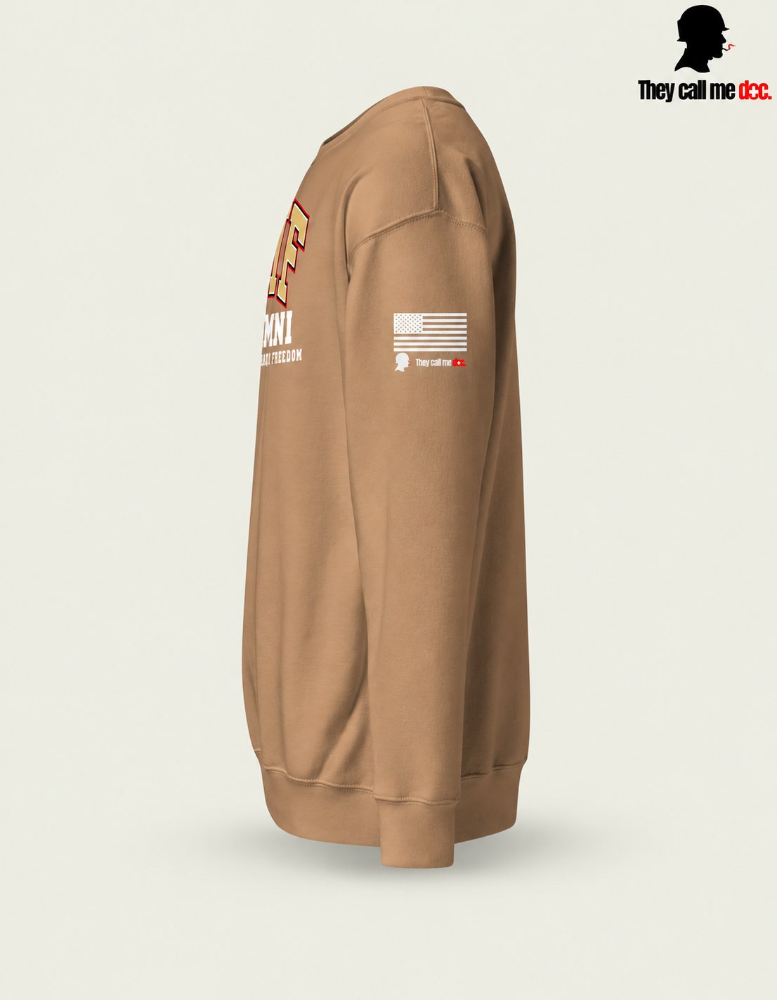 OIF Alumni crewneck in latte – left sleeve flag view