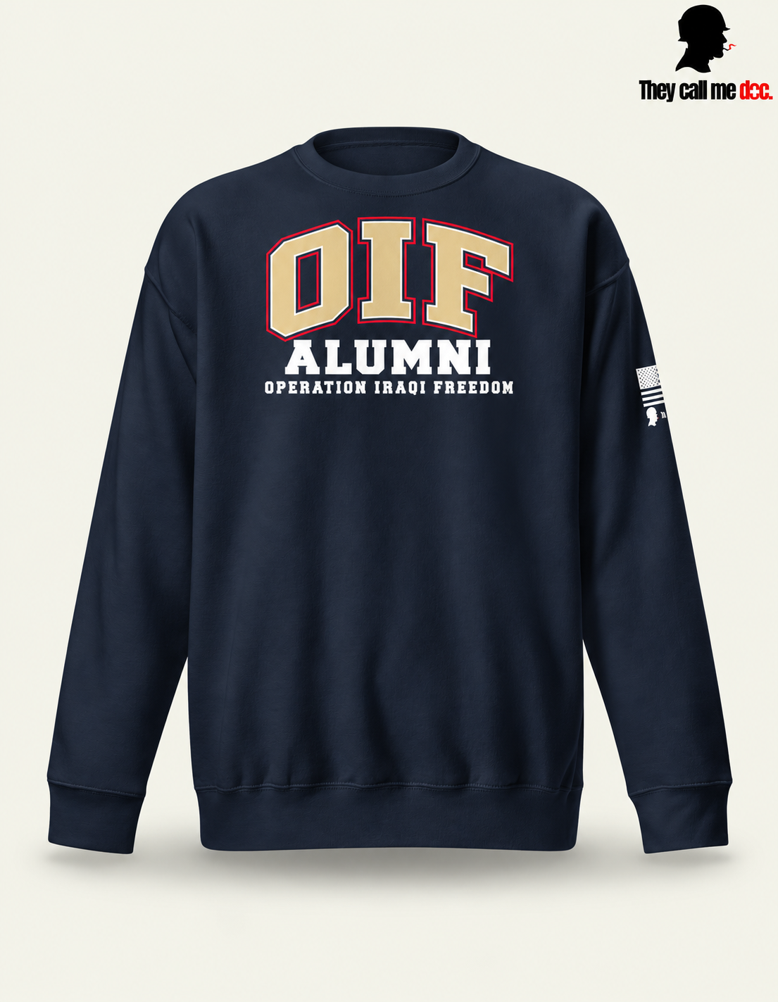 OIF Alumni crewneck in navy blazer – front varsity design view
