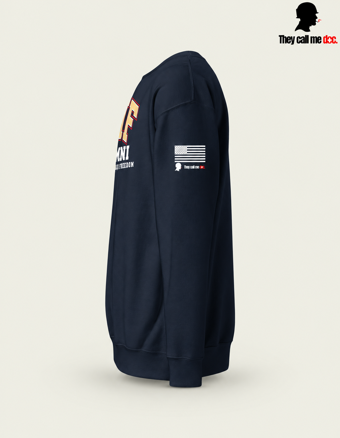 OIF Alumni crewneck in navy blazer – left sleeve flag view